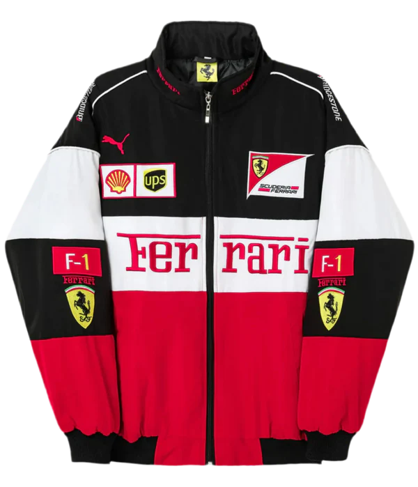 Model wearing Oversized Black Ferrari F1 Jacket in Lifestyle Streetwear Shot
