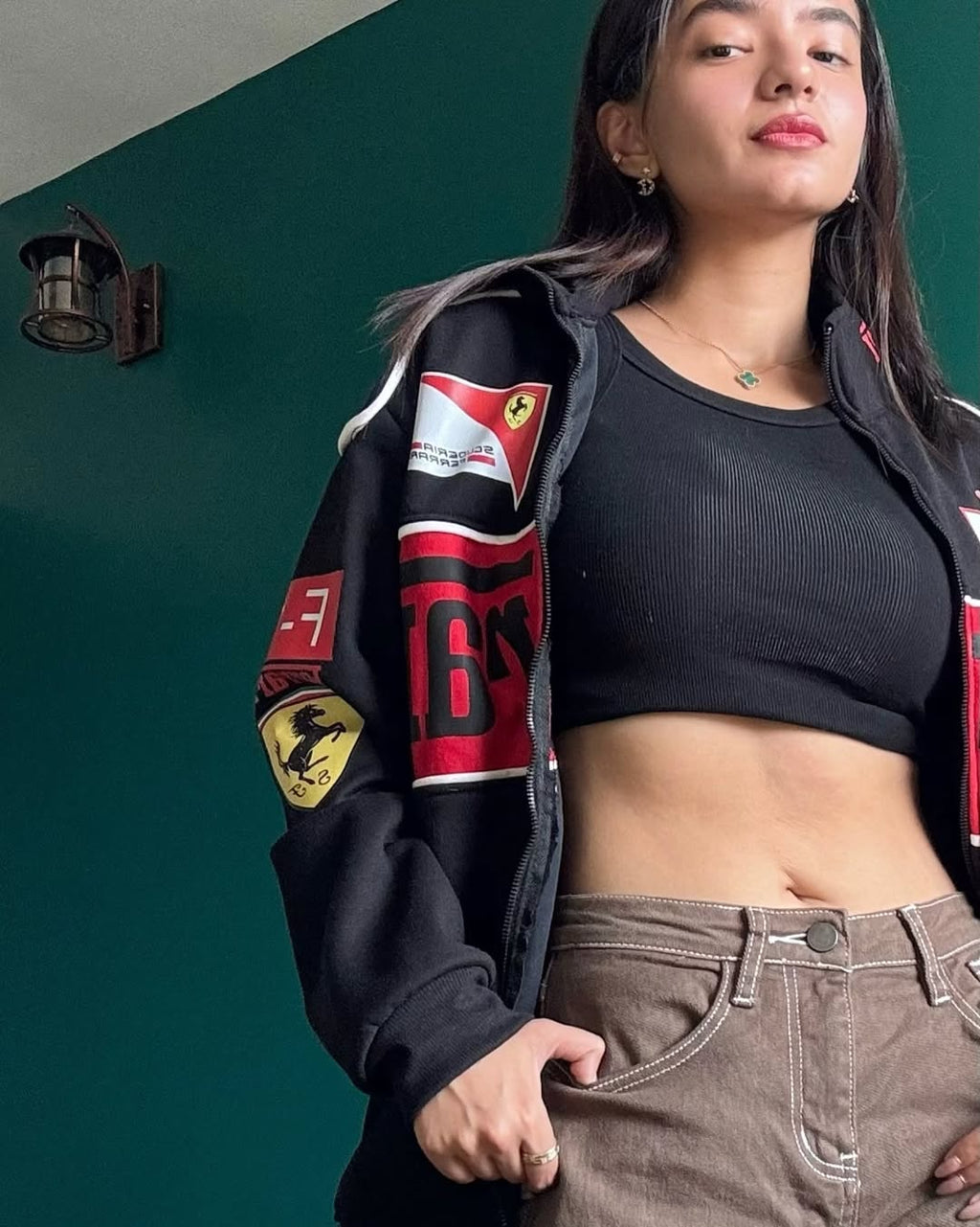 Male Model Wearing Black Ferrari Racing Jacket - Urban Streetwear Style India