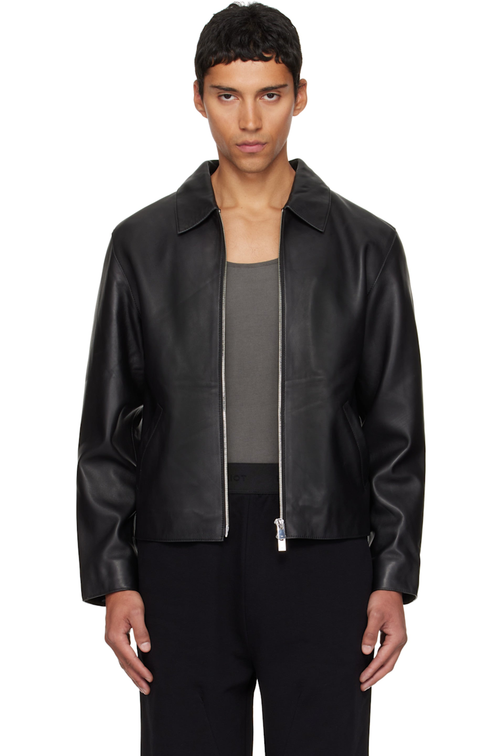 Streetbred Men's Black Cropped Leather Bomber Jacket Front View Urban Outfit