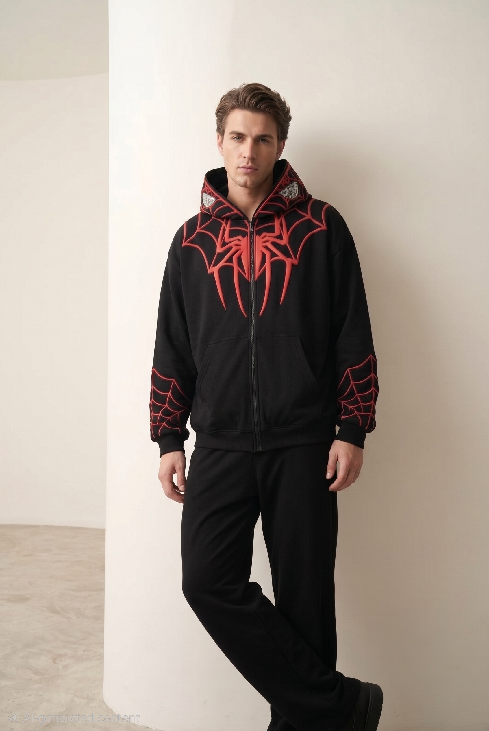 Men's Black Spider Web Zip-Up Hoodie with Heavyweight Fleece drape