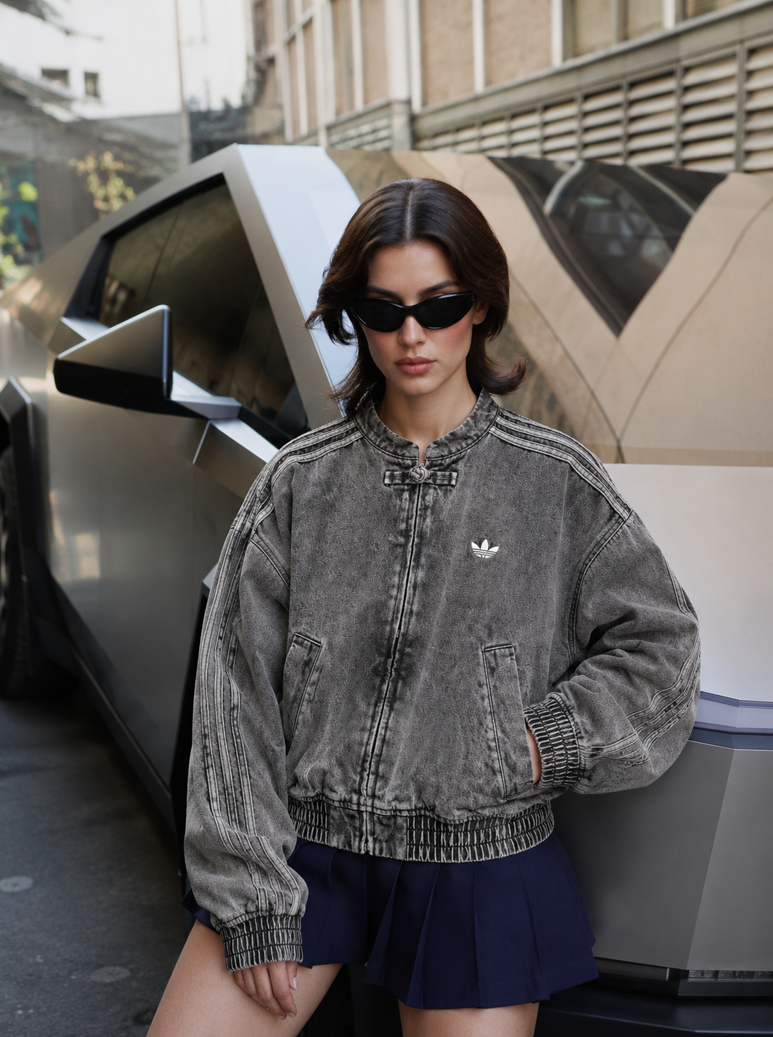 Female model wearing the viral Streetbred Denim CNY Jacket with knot buttons