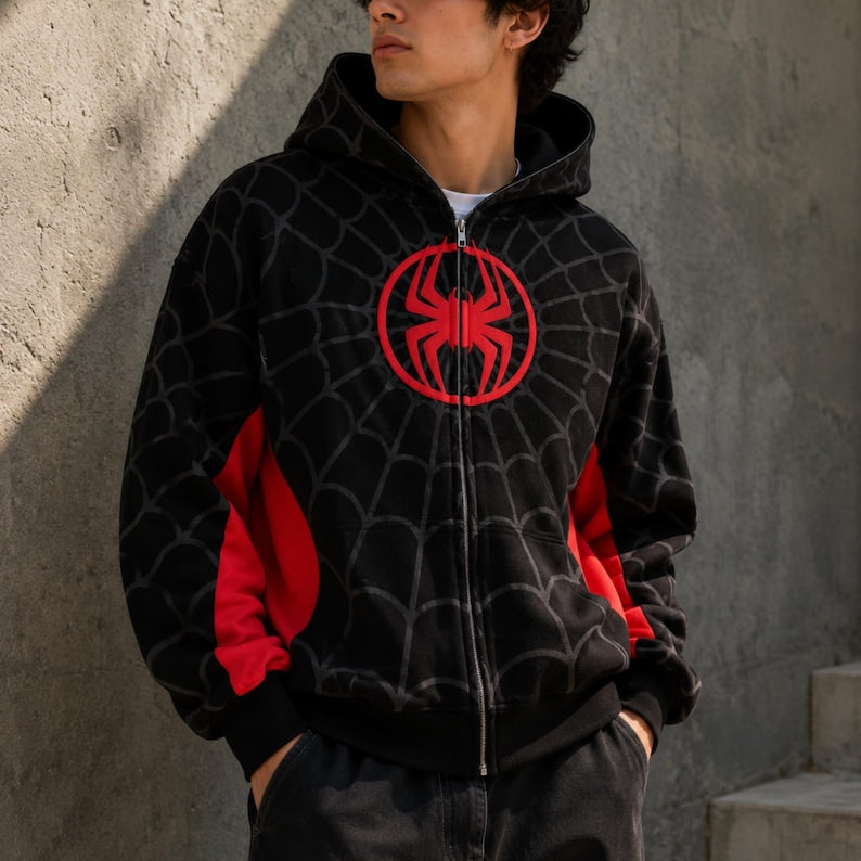 Streetwear Model styling the Baggy Black Spider Hoodie by Streetbred