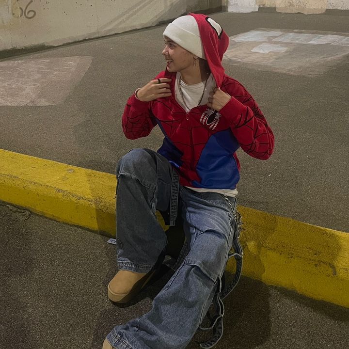 Streetwear Model wearing the Oversized Red Spider Hoodie