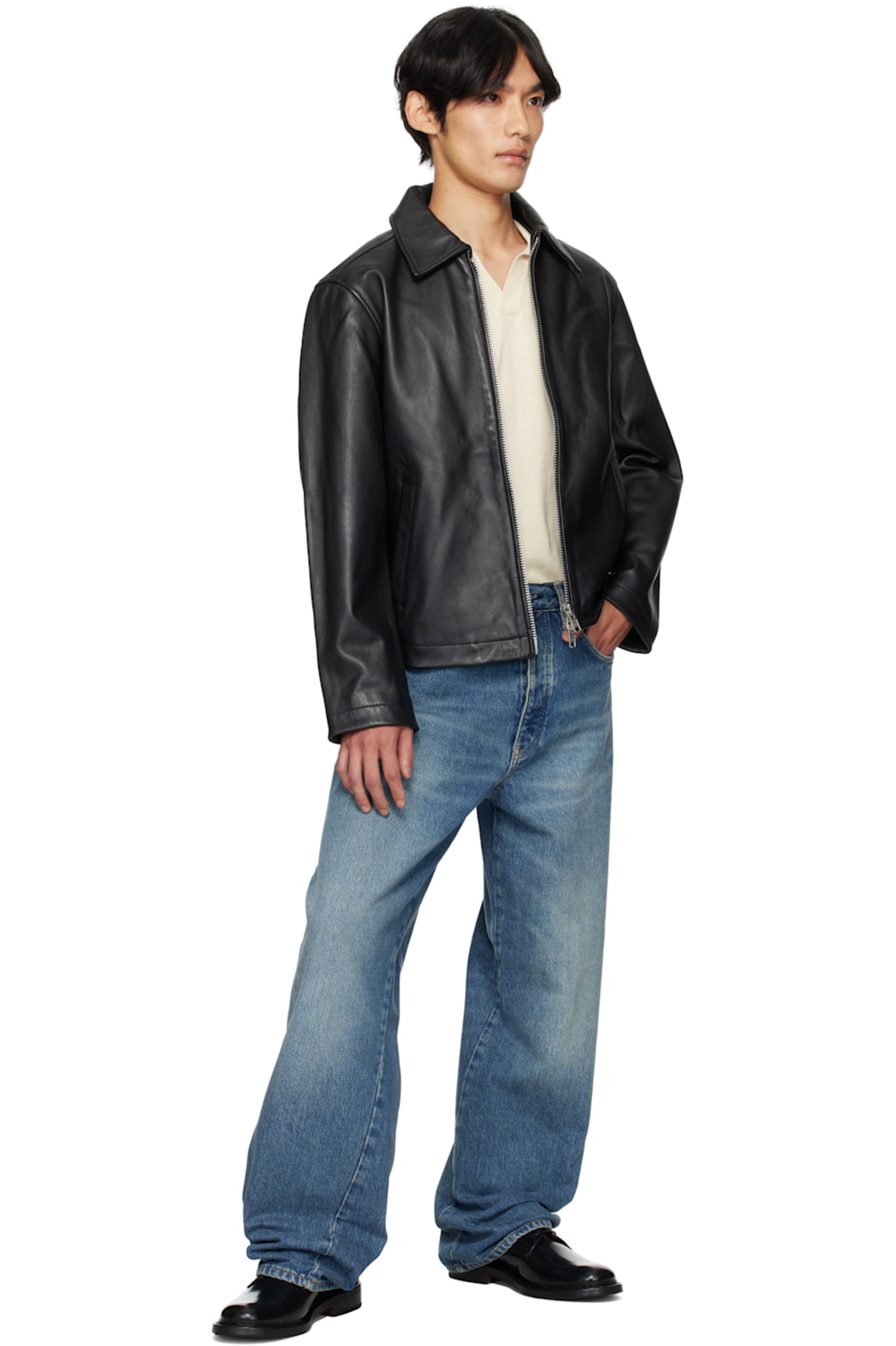 Male model showcasing the premium textured faux leather and heavy-duty front zipper of the Black Moto Biker Jacket