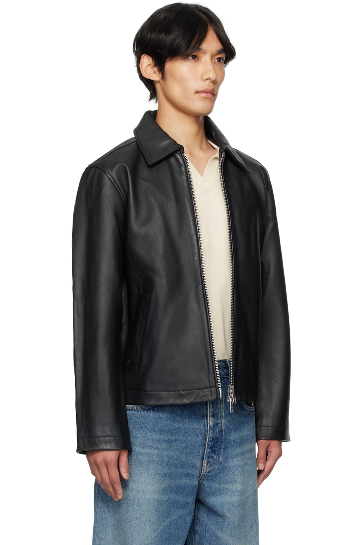 Full urban outfit on a male model wearing the Streetbred Vegan Leather Biker Jacket with a smooth polyester inner lining