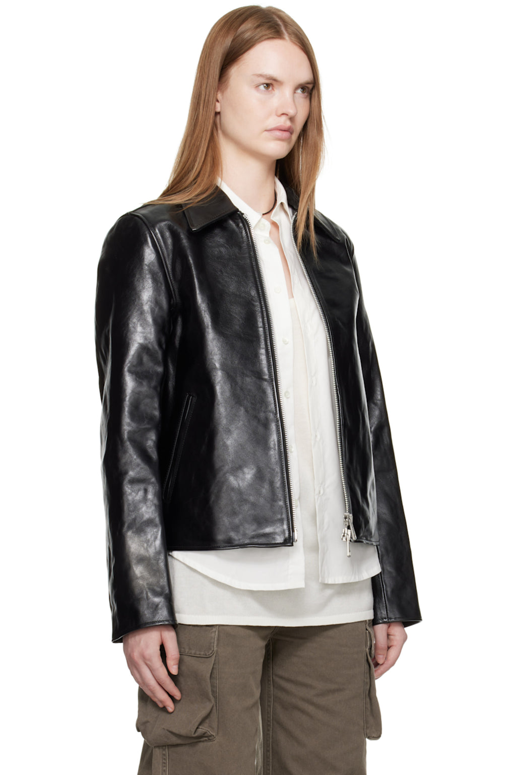 Back view styling of the Womens Black Cropped Leather Jacket, featuring a bold textured silhouette and cruelty-free vegan leather