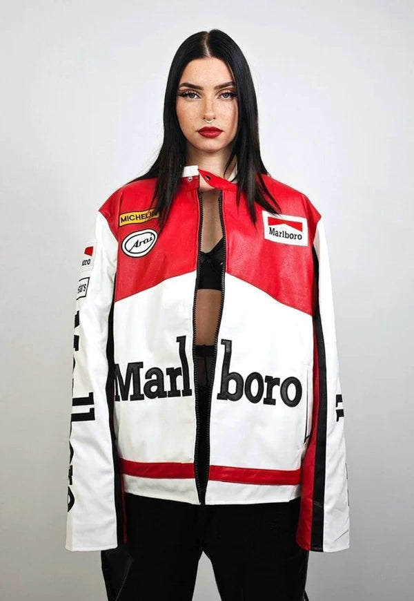 Unisex Marlboro Leather Jacket Styling - Female Model Front View
