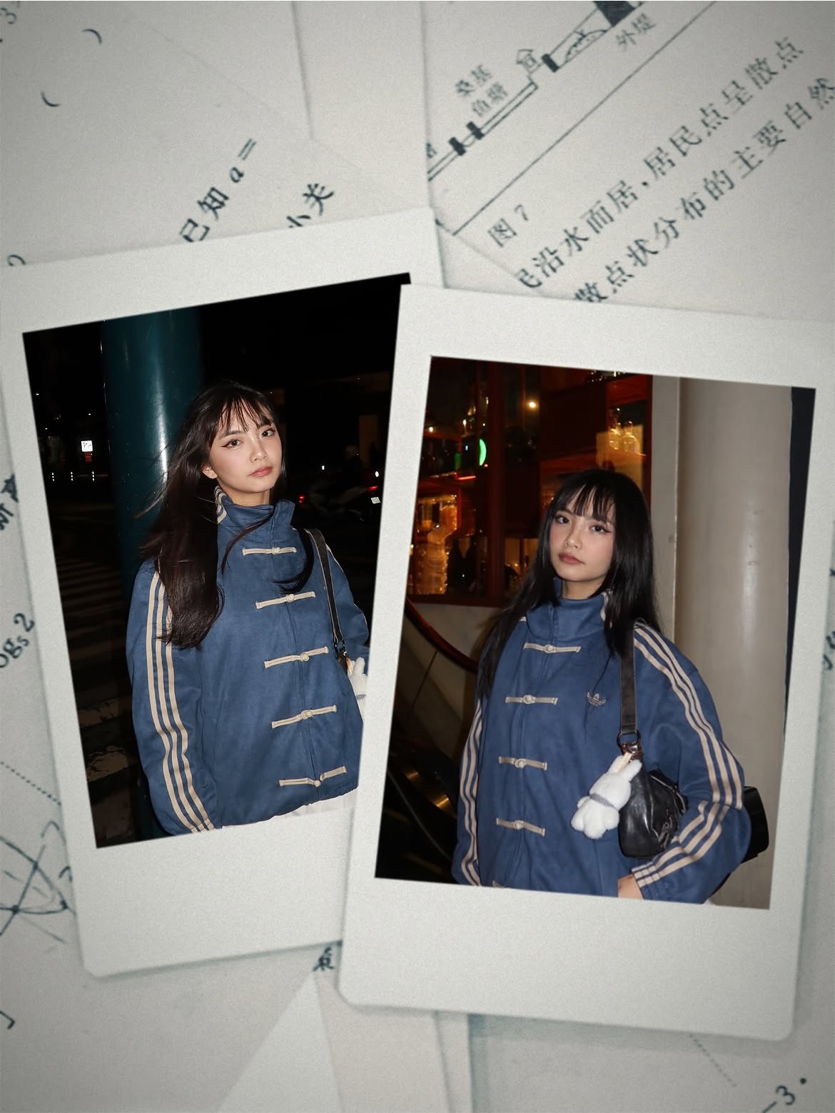 Front view of a female model wearing the Lunar New Year streetwear jacket in deep blue, showcasing the premium polyester inner lining and luxurious drape.