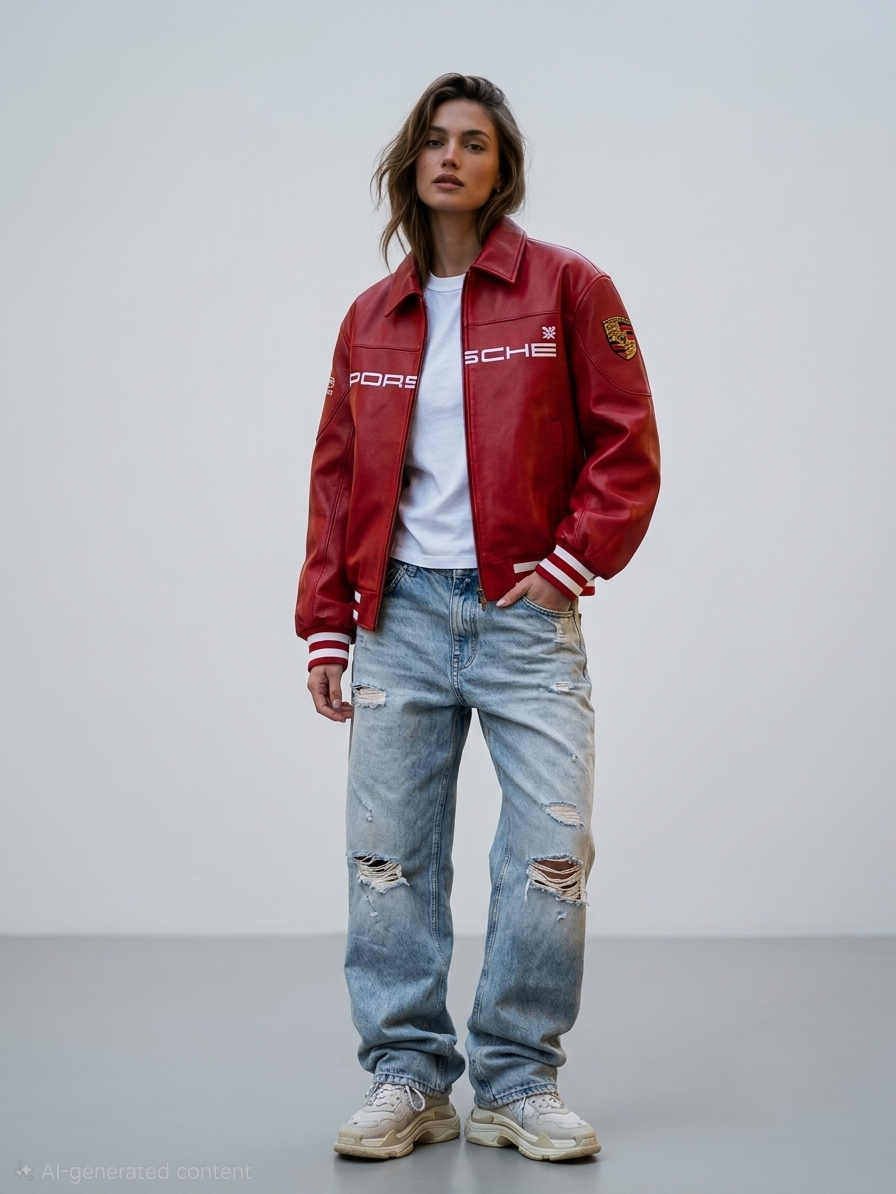 Female model styling the Unisex Red Porsche Leather Jacket in a bikercore look