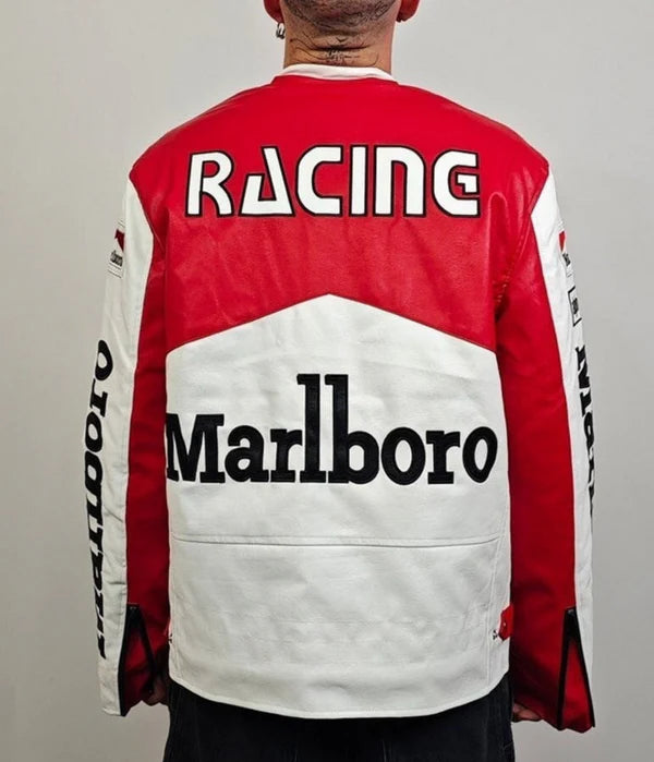 Massive Marlboro and Racing Embroidered Logo on Back of Vintage Biker Jacket
