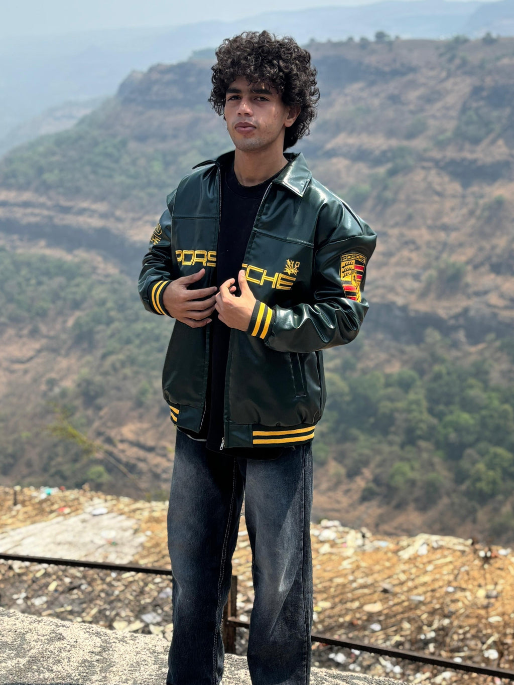 Model wearing the drop-shoulder boxy fit vintage Porsche 993 leather jacket