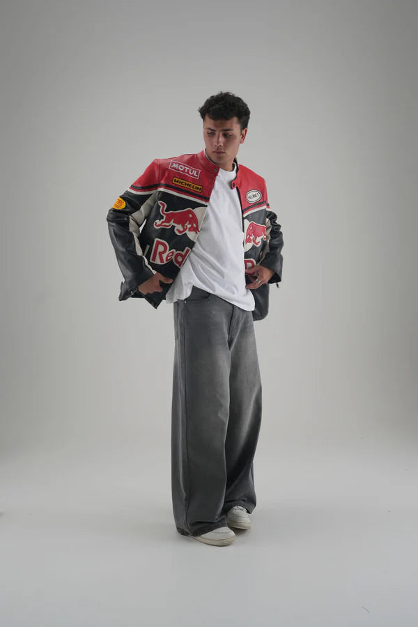 Massive Red Bull Racing Embroidered Logo on Back of Vintage Biker Jacket
