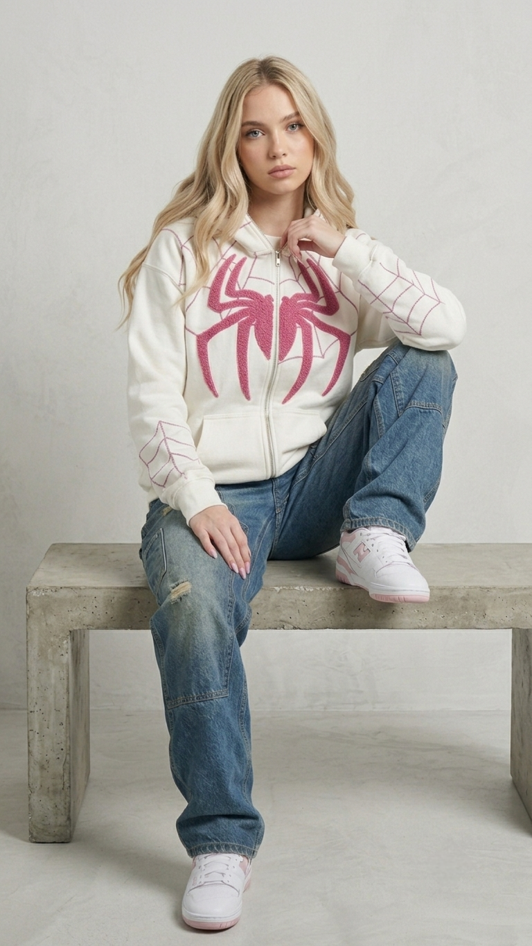 Streetbred white Spiderman embroidered hoodie on a female model highlighting the striking threadwork contrast