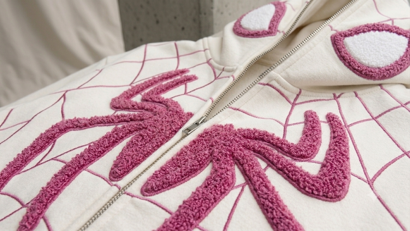 Macro detail shot of the dense 3D chenille spider web embroidery on thick white cotton fleece.