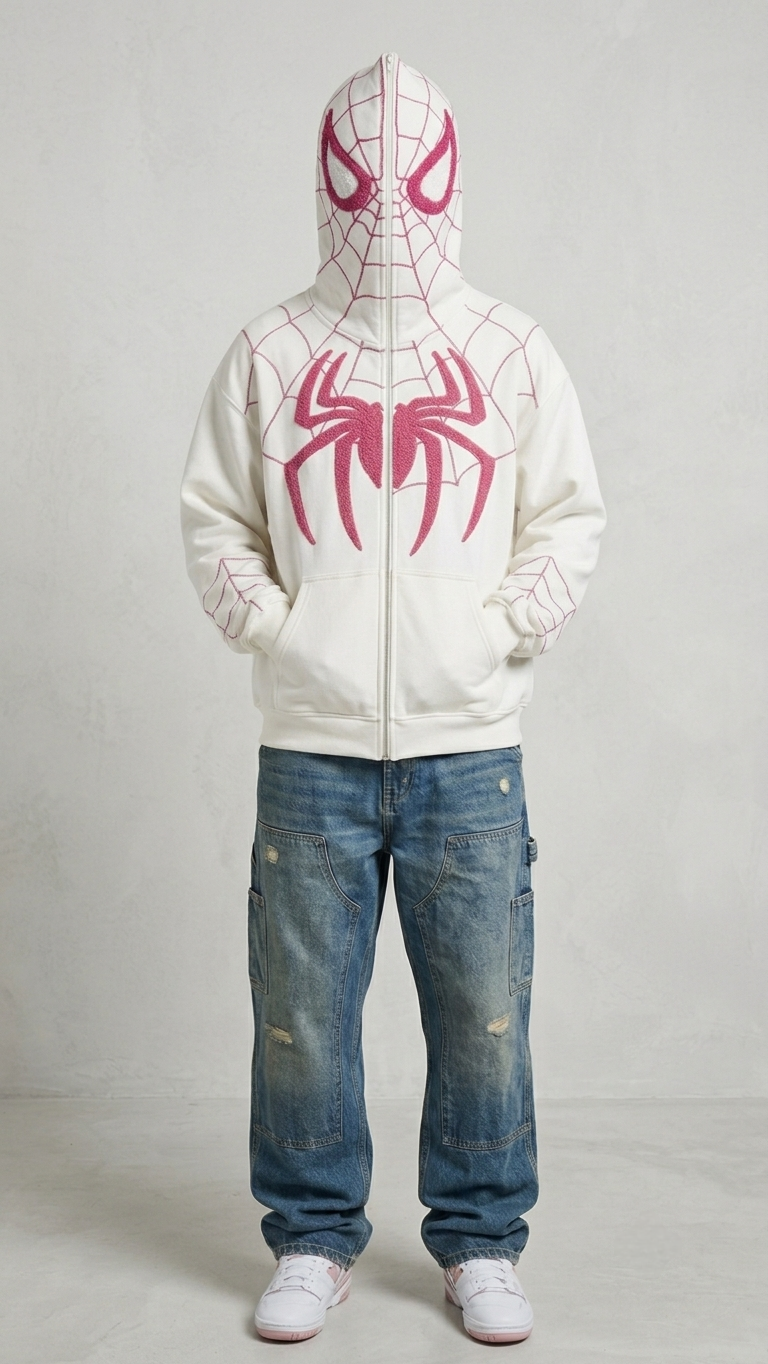 Unisex pristine white Spiderman embroidered zip-up hoodie featuring an oversized baggy drape by Streetbred