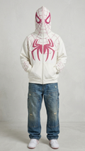 Unisex pristine white Spiderman embroidered zip-up hoodie featuring an oversized baggy drape by Streetbred