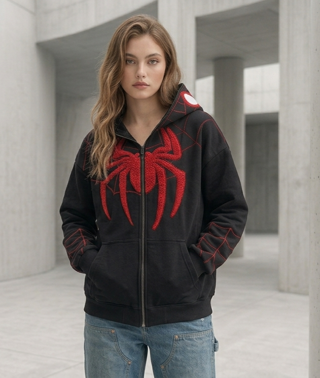 Female streetwear model styling the oversized black Spiderman embroidered zip-up hoodie with cargo pants.