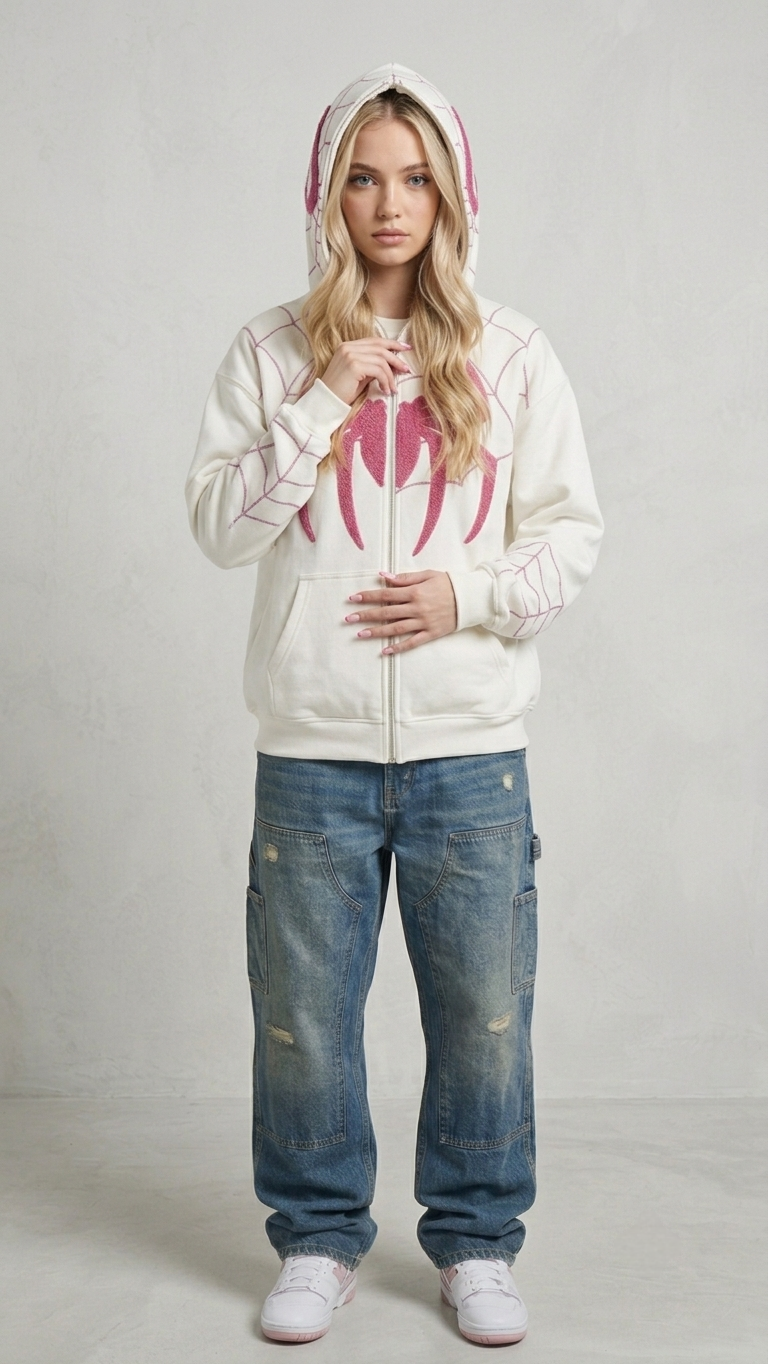 Female streetwear model styling the oversized white Spiderman embroidered zip-up hoodie for a clean aesthetic