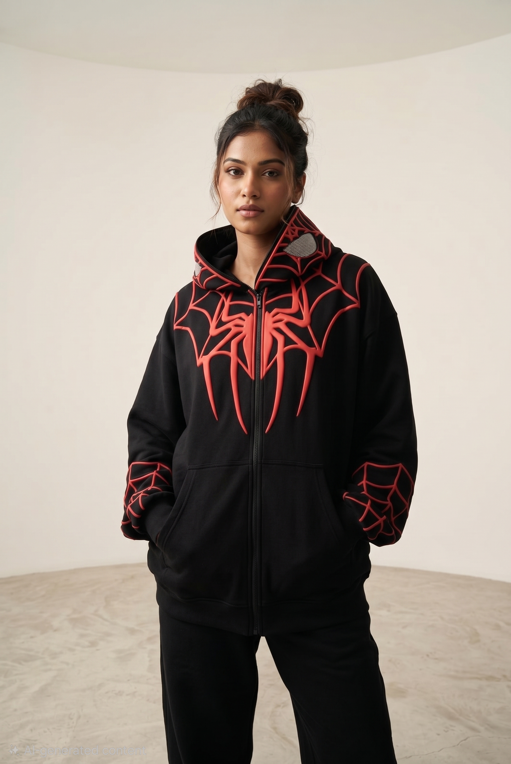 Oversized Y2K Fit on the Women's Black Spidey Hoodie featuring 3D Puff Print
