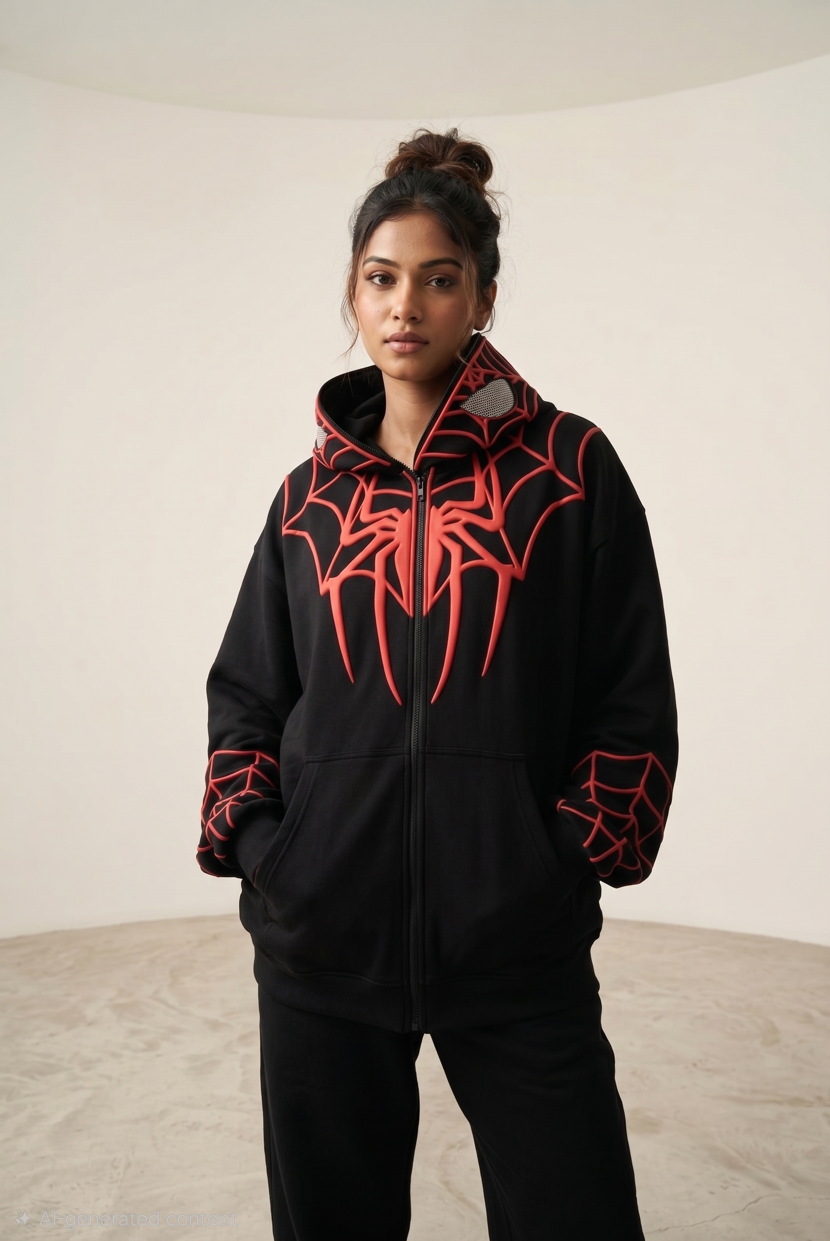 Oversized Y2K Fit on the Women's Black Spidey Hoodie featuring 3D Puff Print
